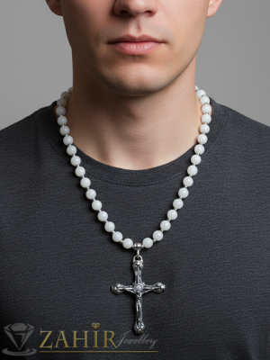 Мега як триизмерен стоманен кръст с Исус 7 на 5 см на колие в 2 размера бял нефрит 8 мм  и малки стоманени рингове - MK1538